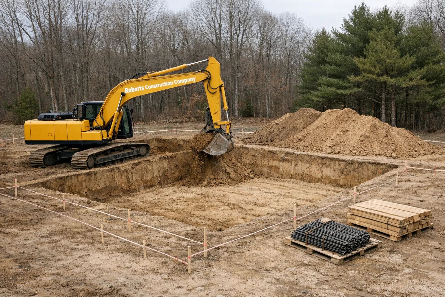 Roberts Construction Company foundation excavation cut into granite ledge in Sterling CT