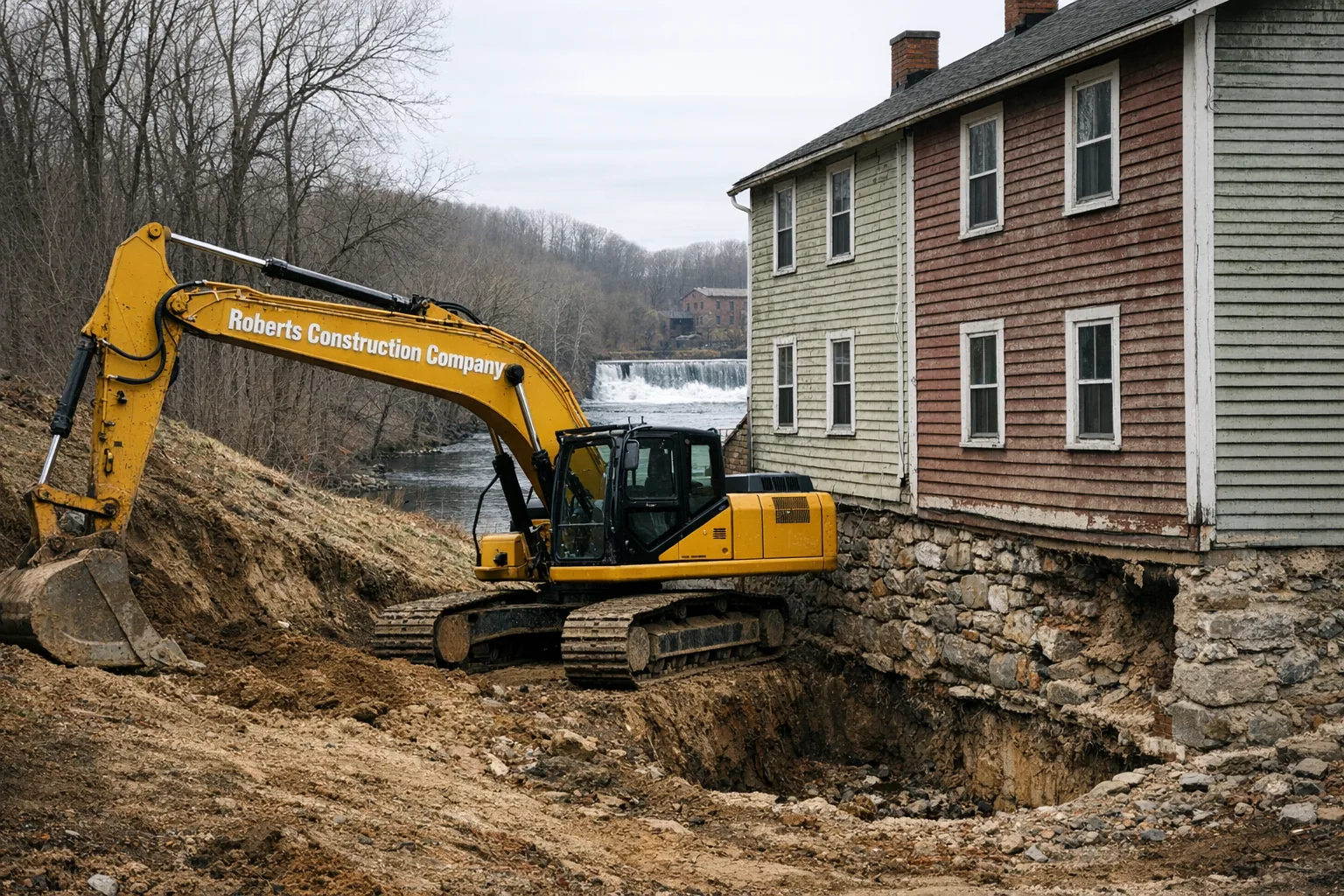 Roberts Construction Company excavator on a jobsite in the Greeneville neighborhood of Norwich, CT