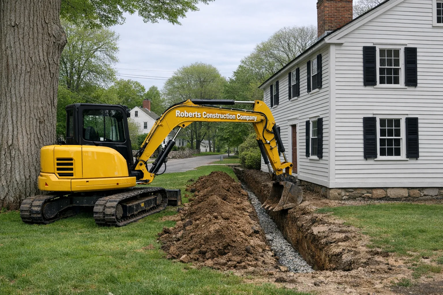 Roberts Construction Company excavator on a jobsite in the Norwichtown neighborhood of Norwich, CT