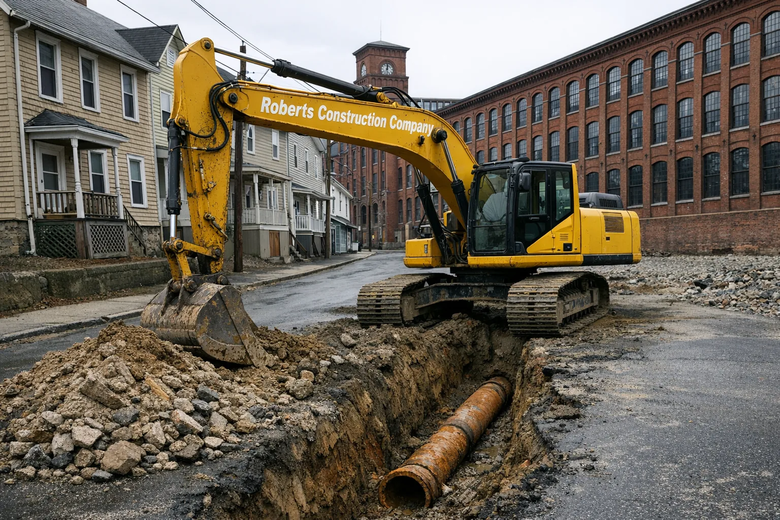 Roberts Construction Company excavator on a jobsite in the Taftville neighborhood of Norwich, CT