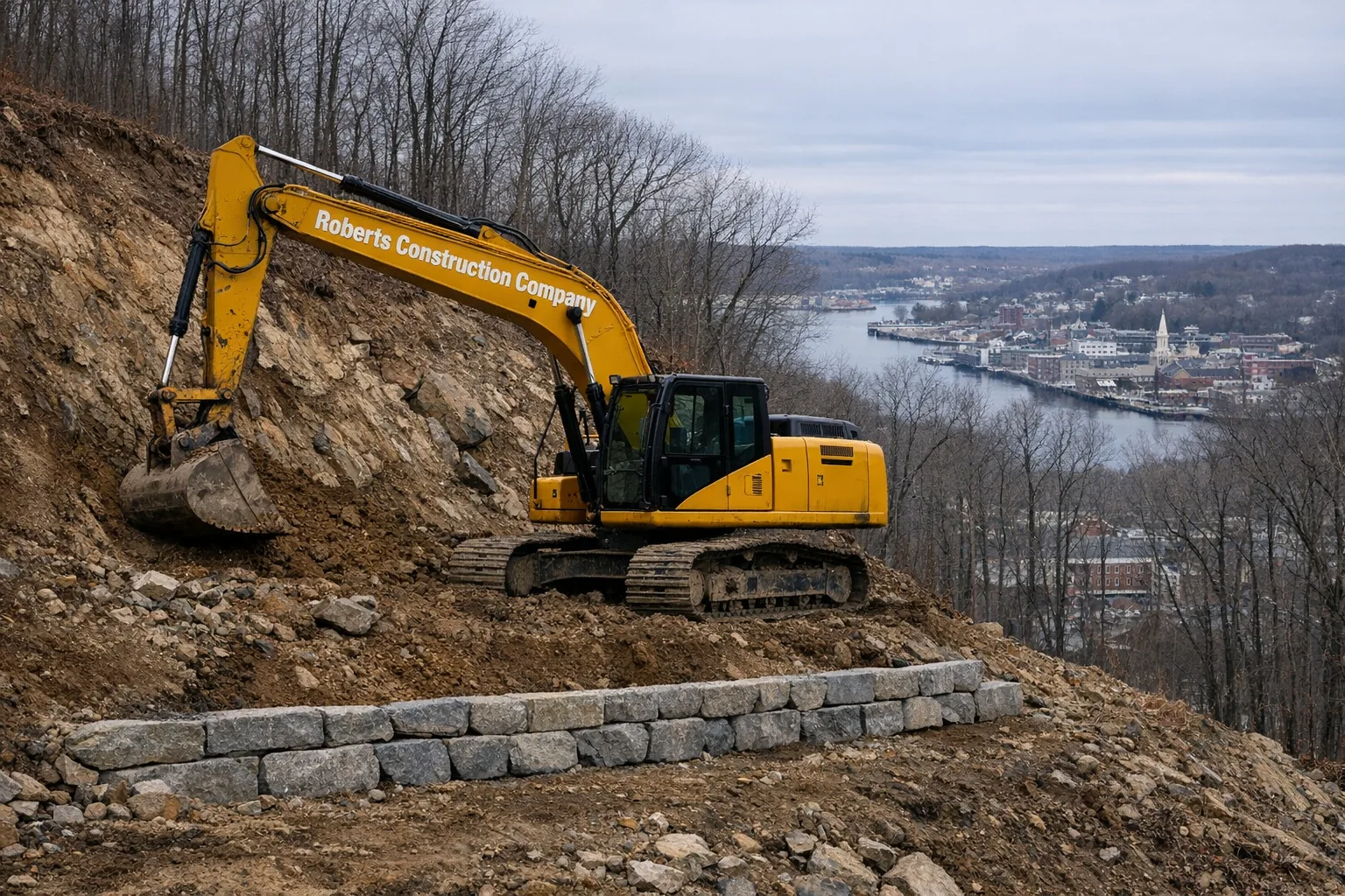 Roberts Construction Company excavator on a jobsite in the The Hills neighborhood of Norwich, CT