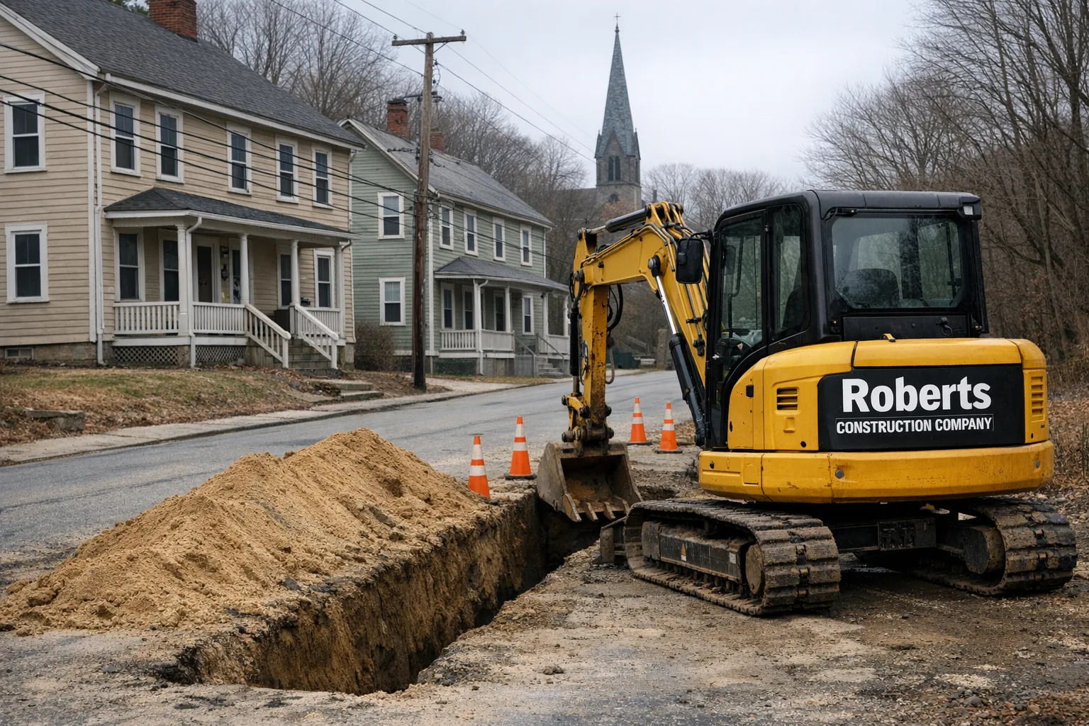 Roberts Construction Company excavator on a jobsite in the Yantic neighborhood of Norwich, CT