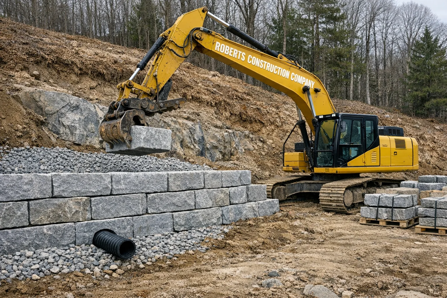 Roberts Construction Company excavator setting cut granite blocks on a dry-laid retaining wall with drain pipe visible at the base, rural eastern Connecticut