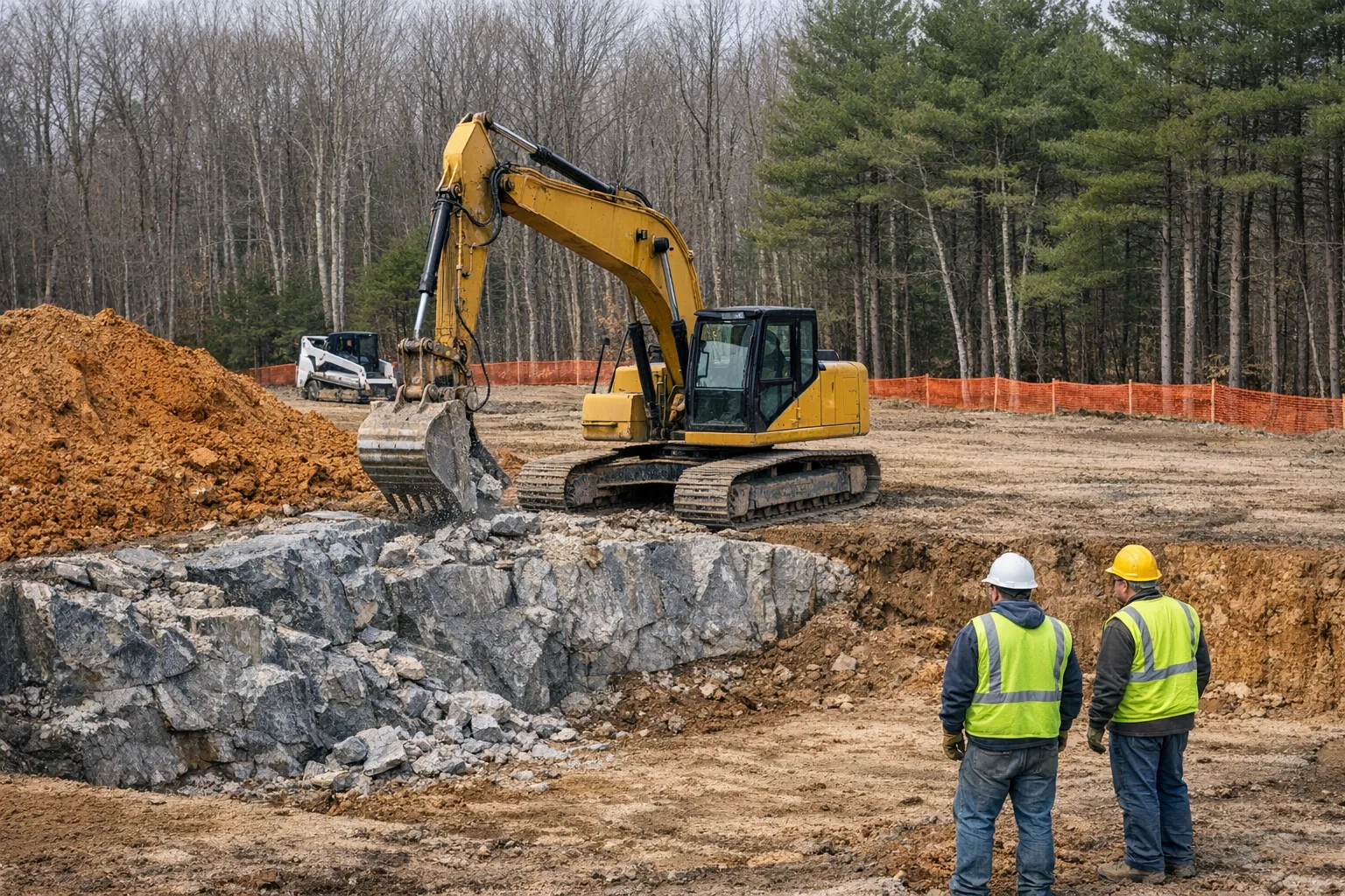 Excavator working exposed granite ledge on a Sterling, CT foundation jobsite