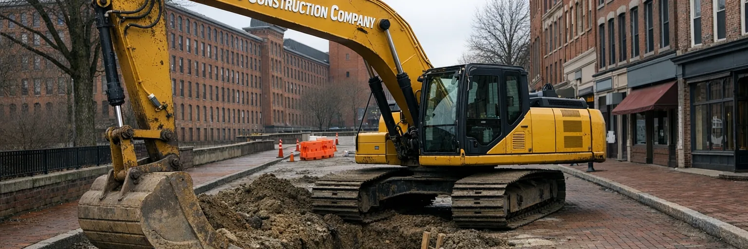 Roberts Construction Company excavator working a sewer-lateral trench in the Willimantic, CT Main Street Historic District, American Thread mill complex in the background